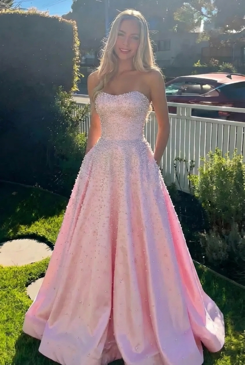 Long Strapless Sleeveless A-line Pearled Pink Prom Dress