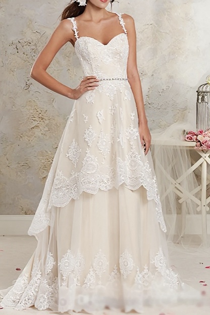 Long Sweetheart A-Line Asymmetrical Lace Tulle Wedding Dresses