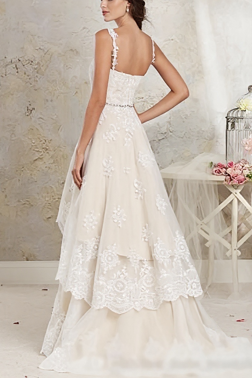 Long Sweetheart A-Line Asymmetrical Lace Tulle Wedding Dresses