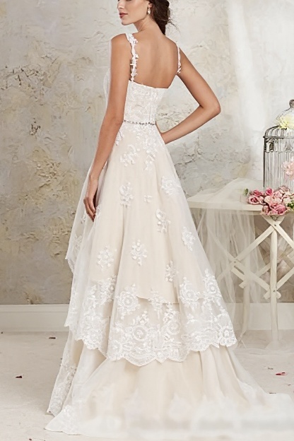Long Sweetheart A-Line Asymmetrical Lace Tulle Wedding Dresses