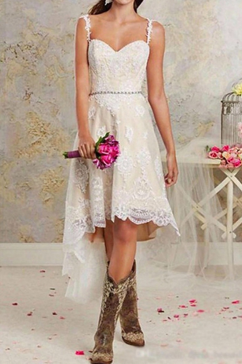 Long Sweetheart A-Line Asymmetrical Lace Tulle Wedding Dresses