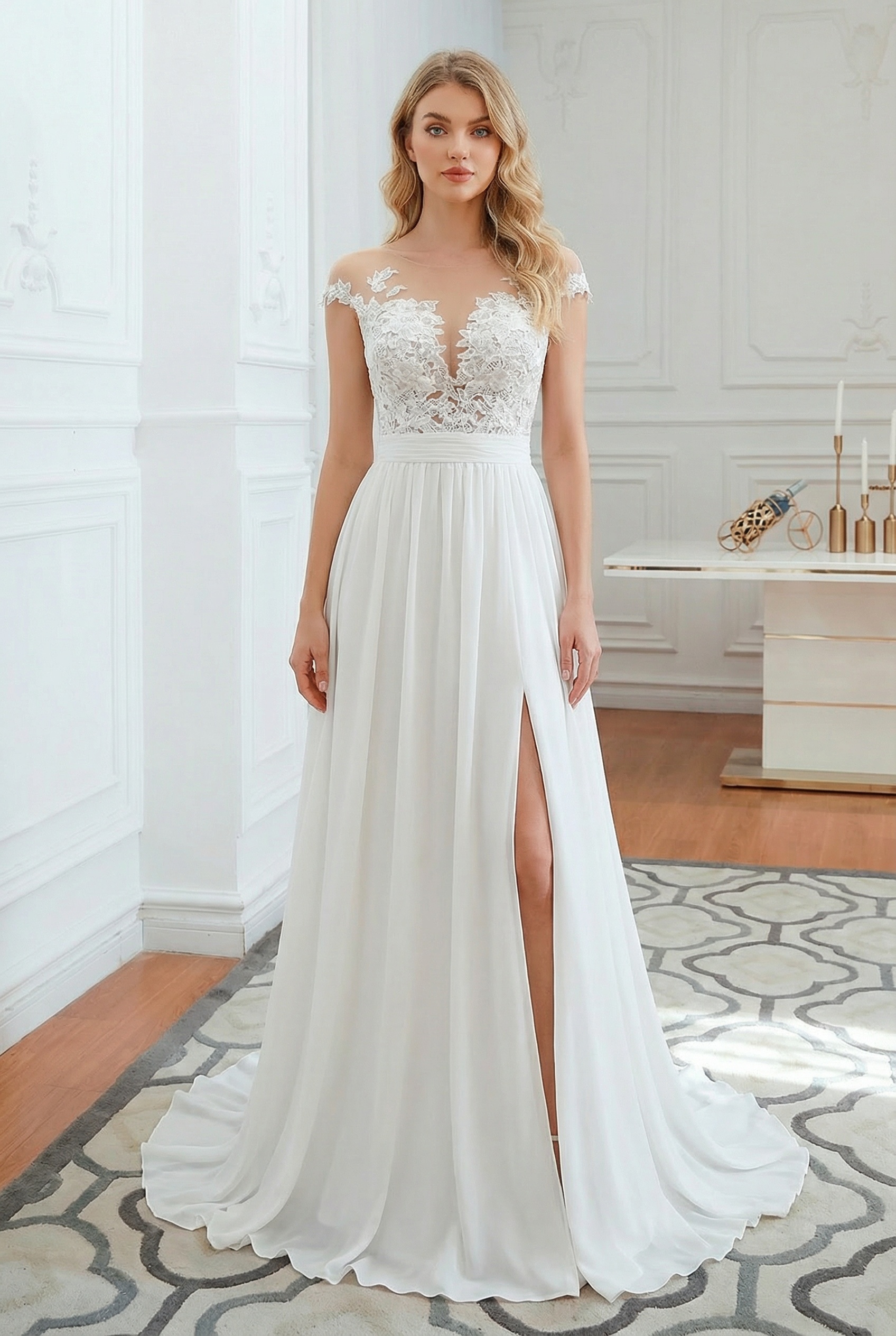 Long Sweetheart Front Slit Appliques Chiffon A-line White Wedding Dress