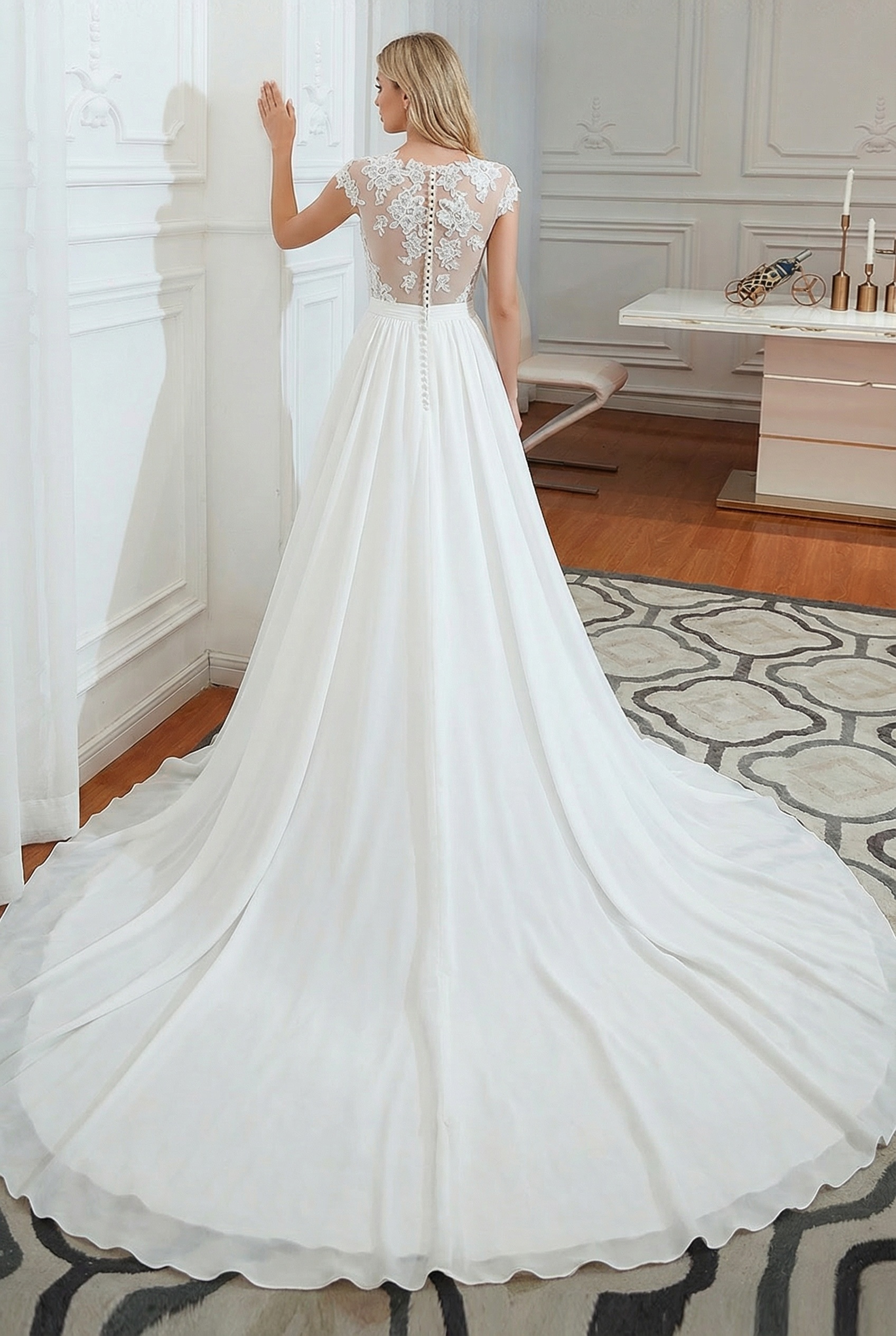 Long Sweetheart Front Slit Appliques Chiffon A-line White Wedding Dress