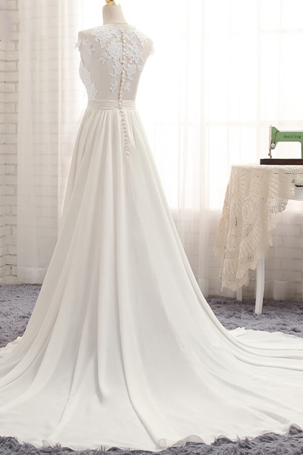 Long Sweetheart Front Slit Appliques Chiffon A-line Wedding Dress