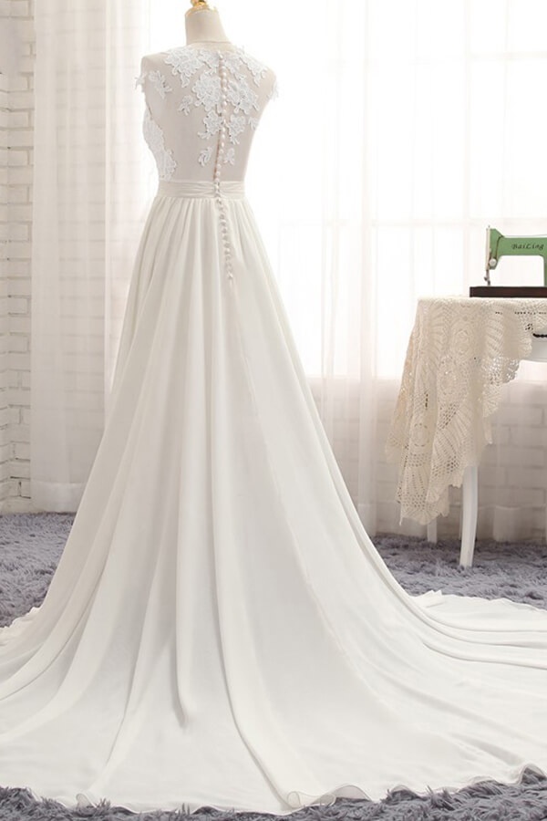 Long Sweetheart Front Slit Appliques Chiffon A-line Wedding Dress