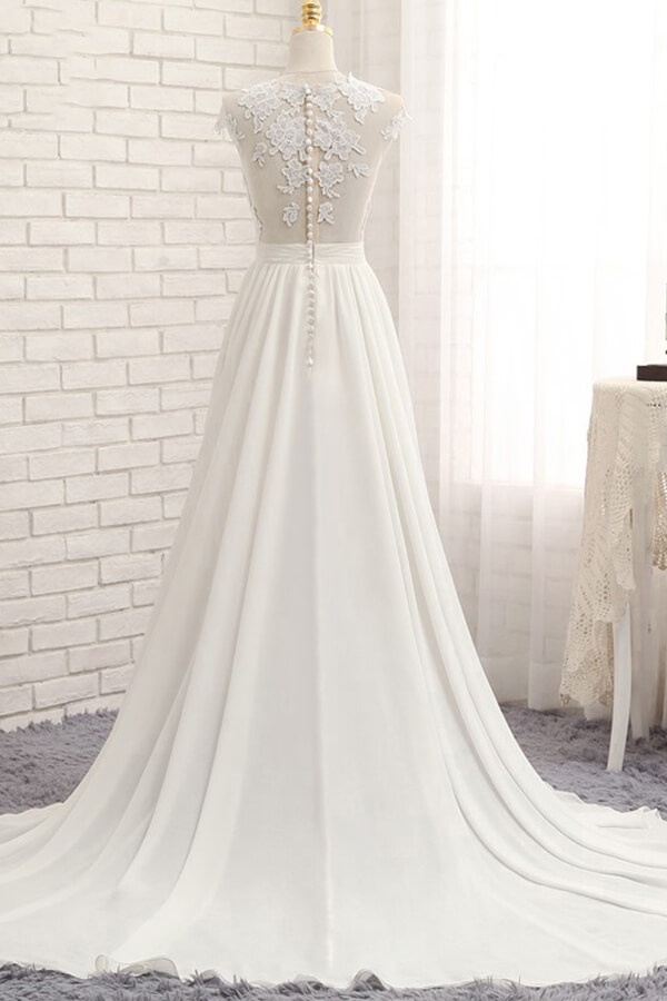 Long Sweetheart Front Slit Appliques Chiffon A-line Wedding Dress