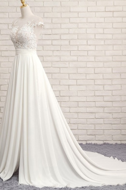 Long Sweetheart Front Slit Appliques Chiffon A-line Wedding Dress