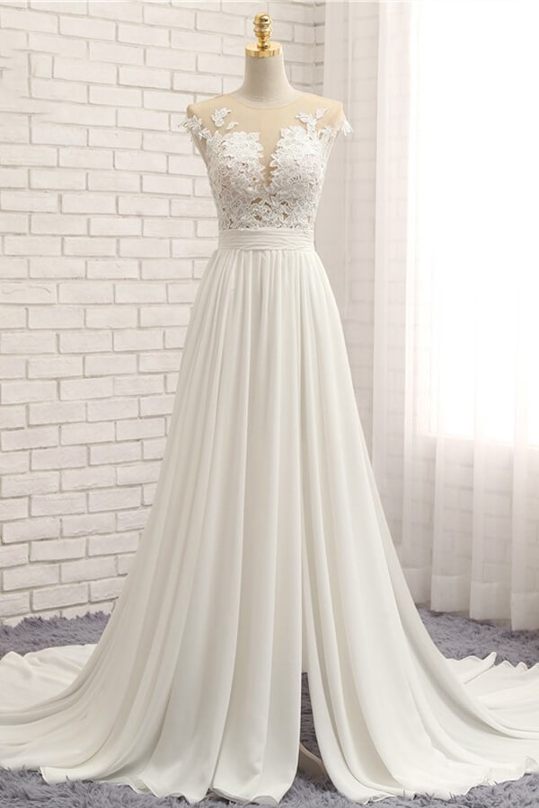 Long Sweetheart Front Slit Appliques Chiffon A-line Wedding Dress