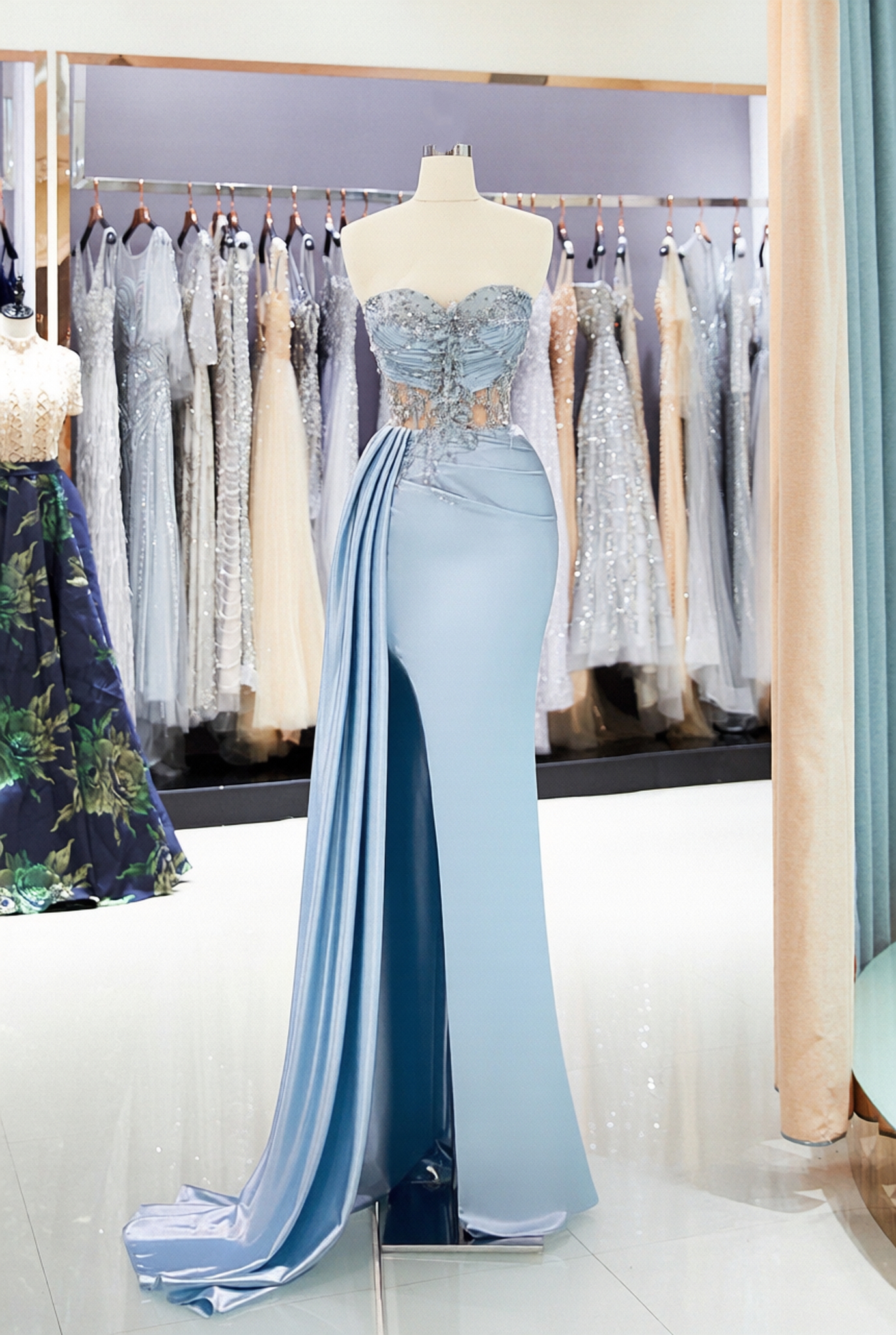 Long Sweetheart Satin Mermaid Prom Dress with Split Side