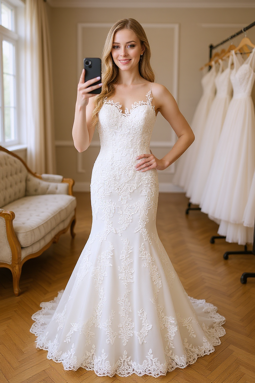 Long Tulle Lace Illusion Appliques Mermaid Wedding Dress