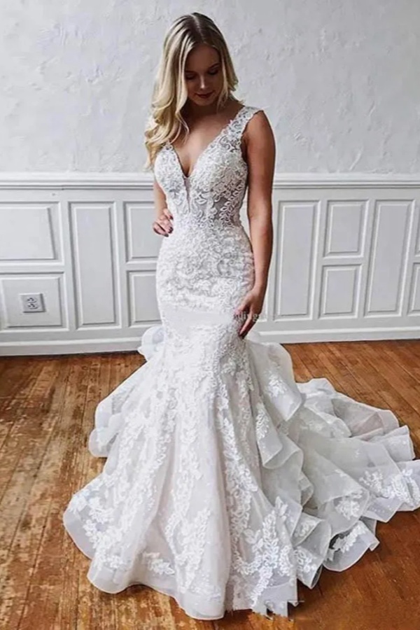 Long V Neck Sleeveless Backless Covered Button Mermaid Wedding Dresses