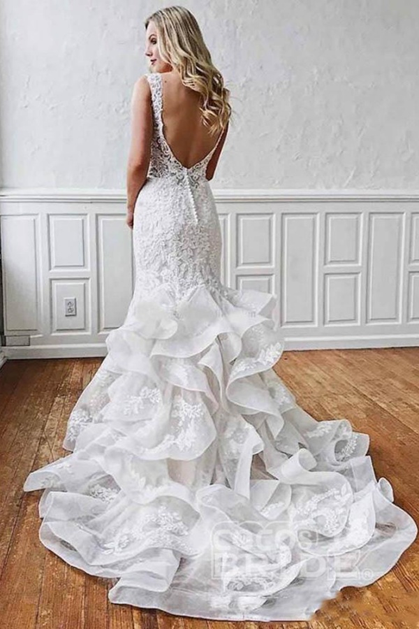 Long V Neck Sleeveless Backless Covered Button Mermaid Wedding Dresses
