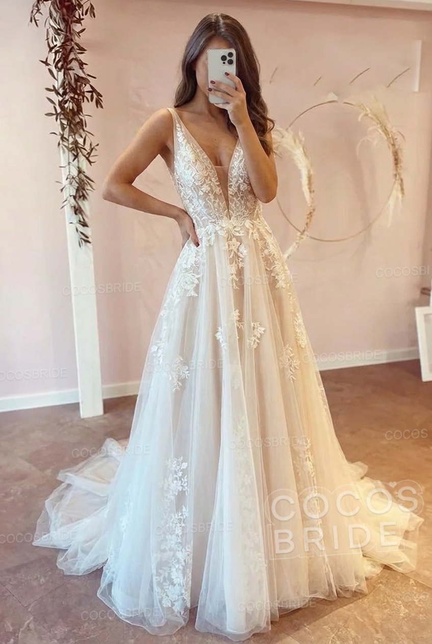 Long V-neck A-Line Floor Length Tulle Floral Lace Wedding Dress