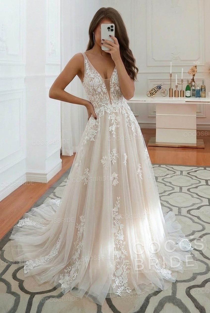 Long V-neck A-Line Floor Length Tulle Wedding Dress With Floral Lace