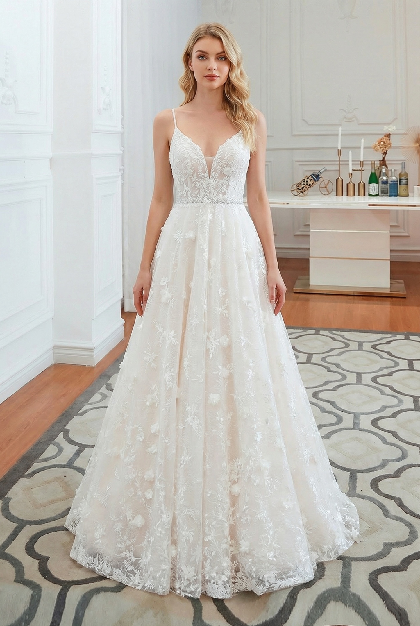 Long V-neck Open Back Appliques Lace A-line Tulle Wedding Dress