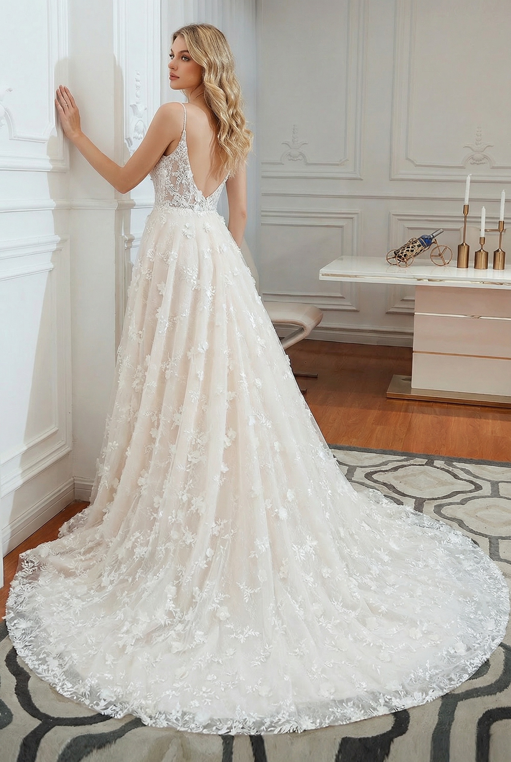 Long V-neck Open Back Appliques Lace A-line Tulle Wedding Dress