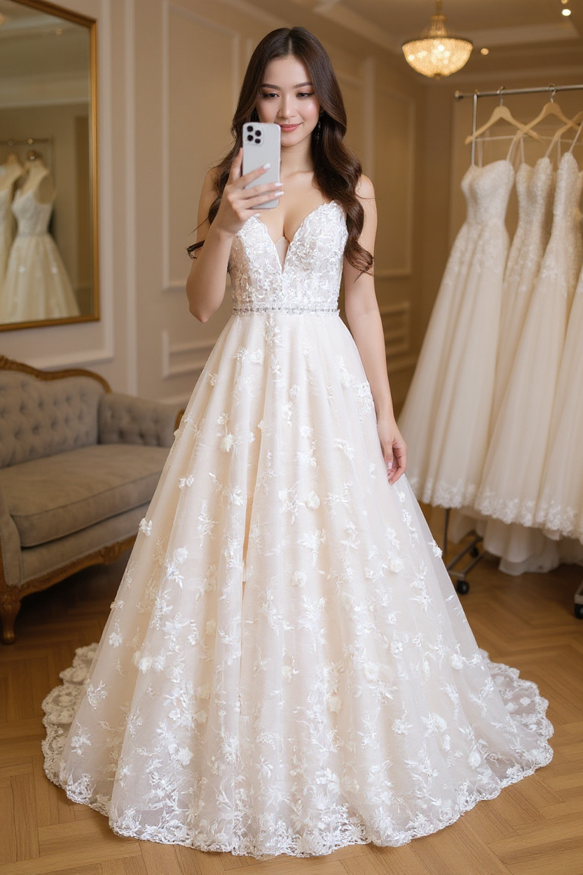 Long V-neck Appliques Lace A-line Tulle Open Back Wedding Dress