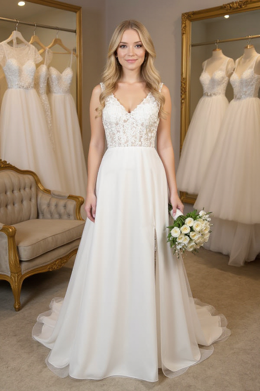 Long V-neck Appliques Lace Tulle A-line Wedding Dress with Slit