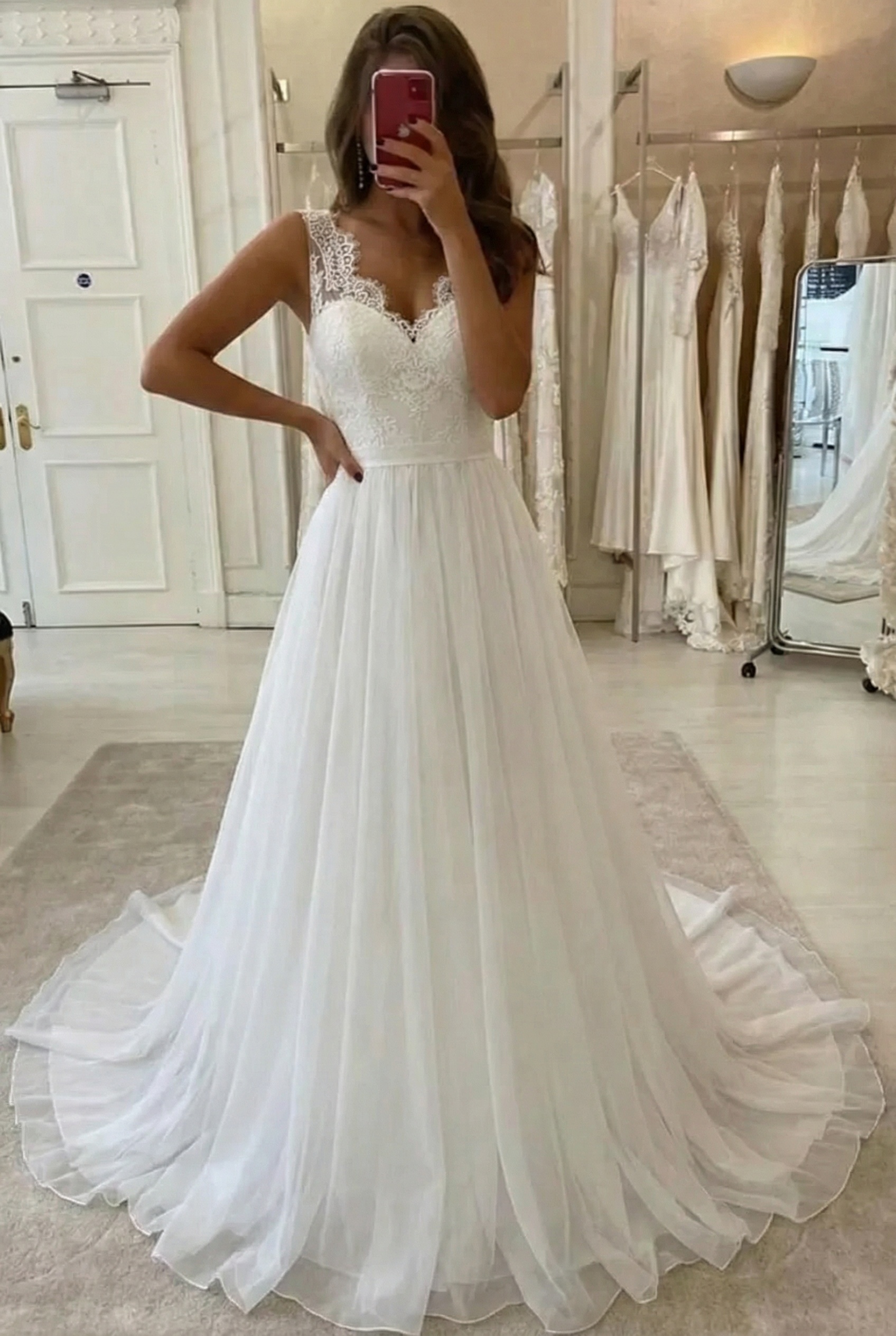 Long V-neck Lace Chiffon Backless A-line Wedding Dress
