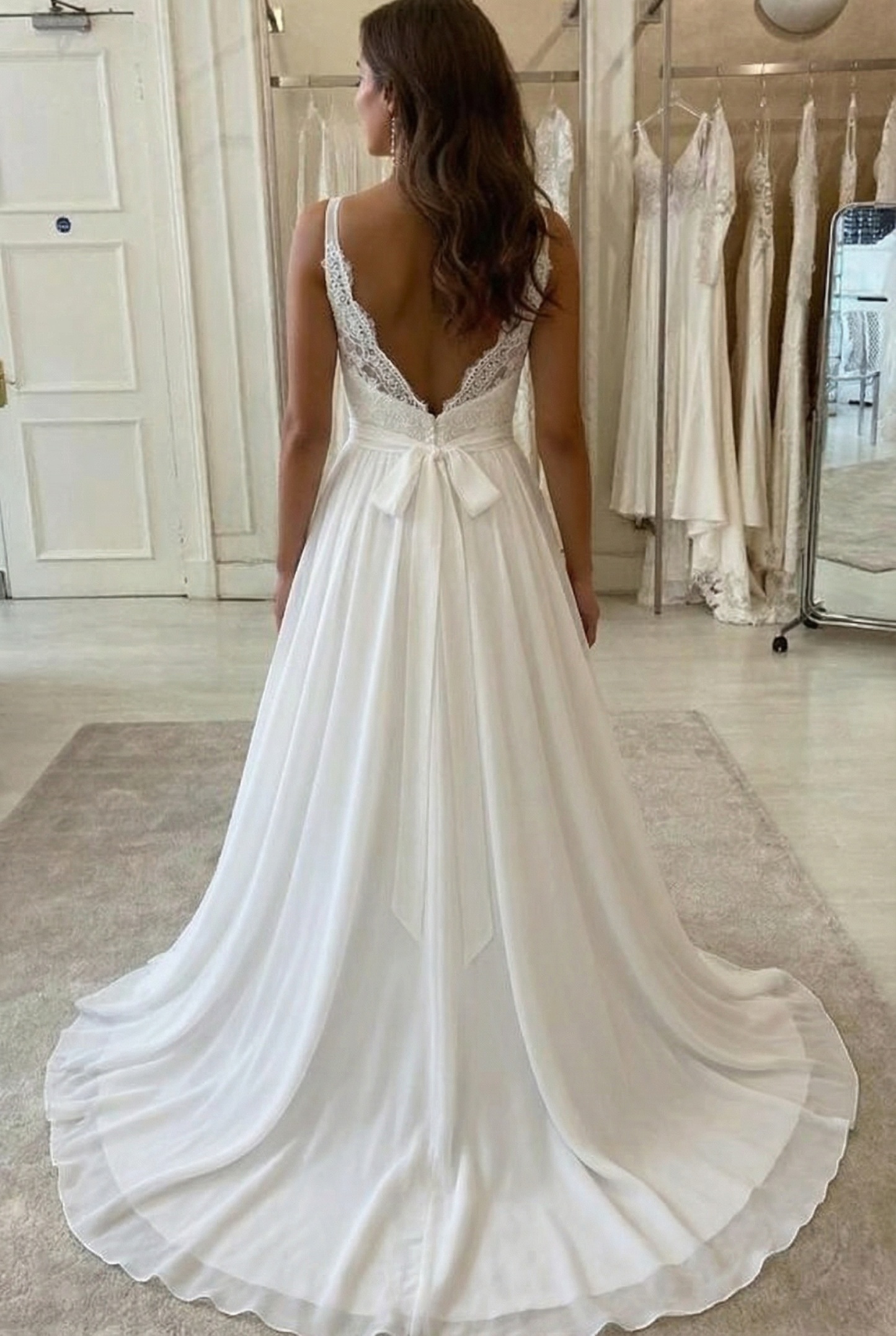 Long V-neck Lace Chiffon Backless A-line Wedding Dress