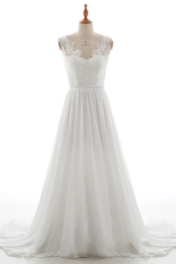 Long V-neck Lace Chiffon Backless A-line Wedding Dress