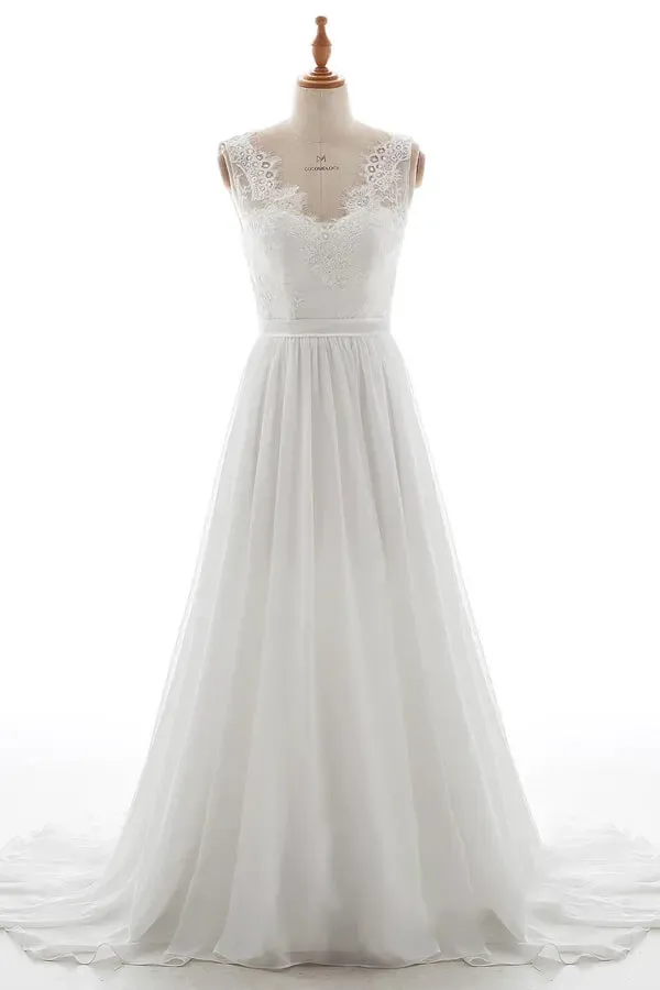 Long V-neck Lace Chiffon Backless A-line Wedding Dress