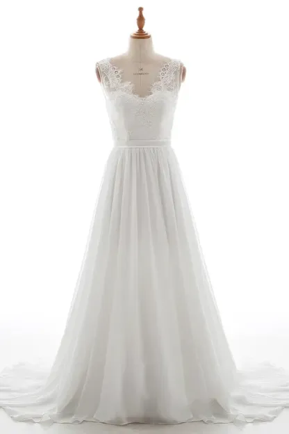 Long V-neck Lace Chiffon Backless A-line Wedding Dress