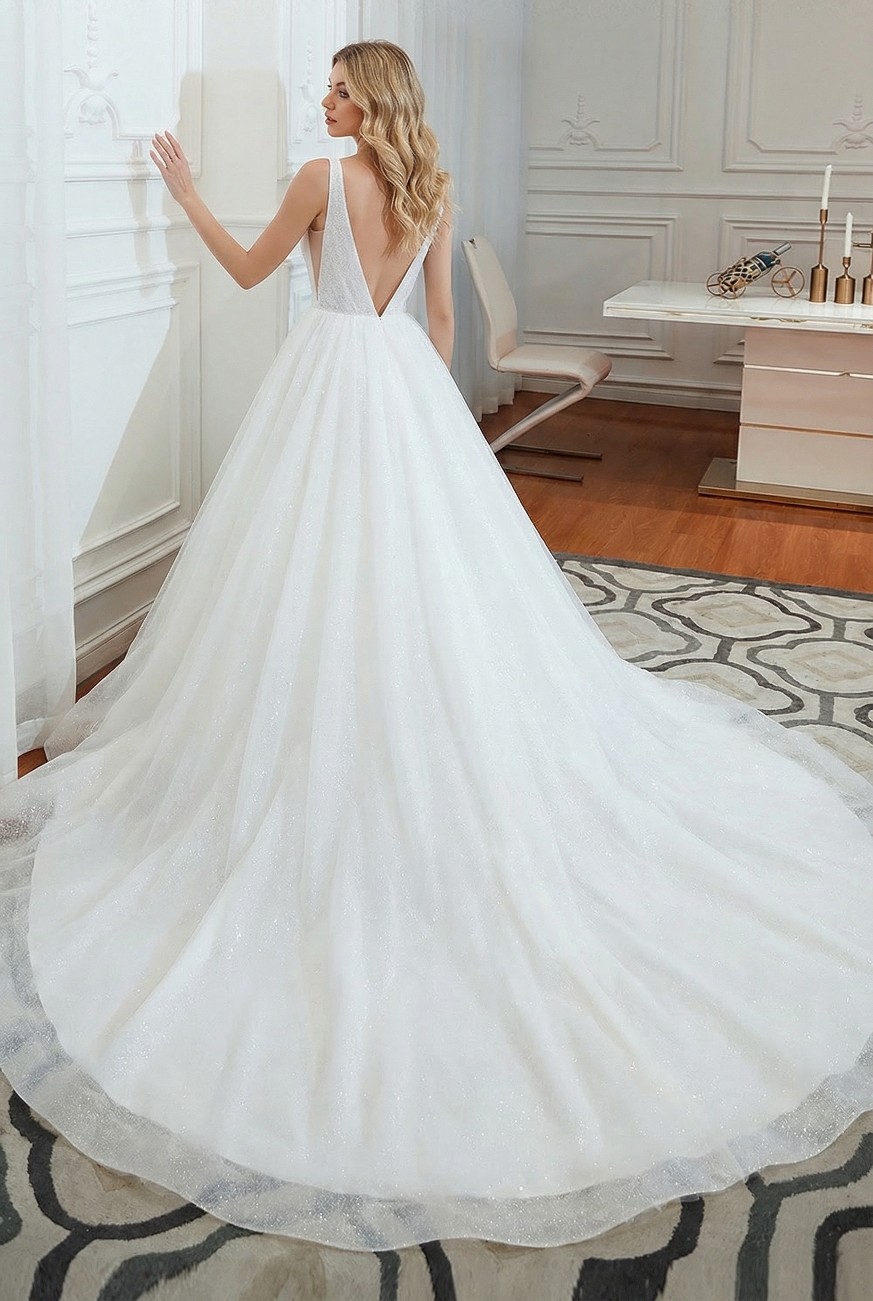 Long V-neck Sequins Tulle A-line Open Back Wedding Dress