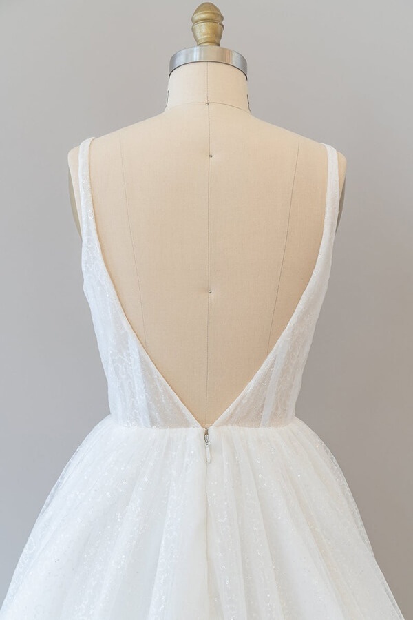 Long V-neck Open Back Sequins Tulle A-line Wedding Dress