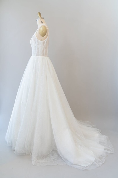 Long V-neck Open Back Sequins Tulle A-line Wedding Dress