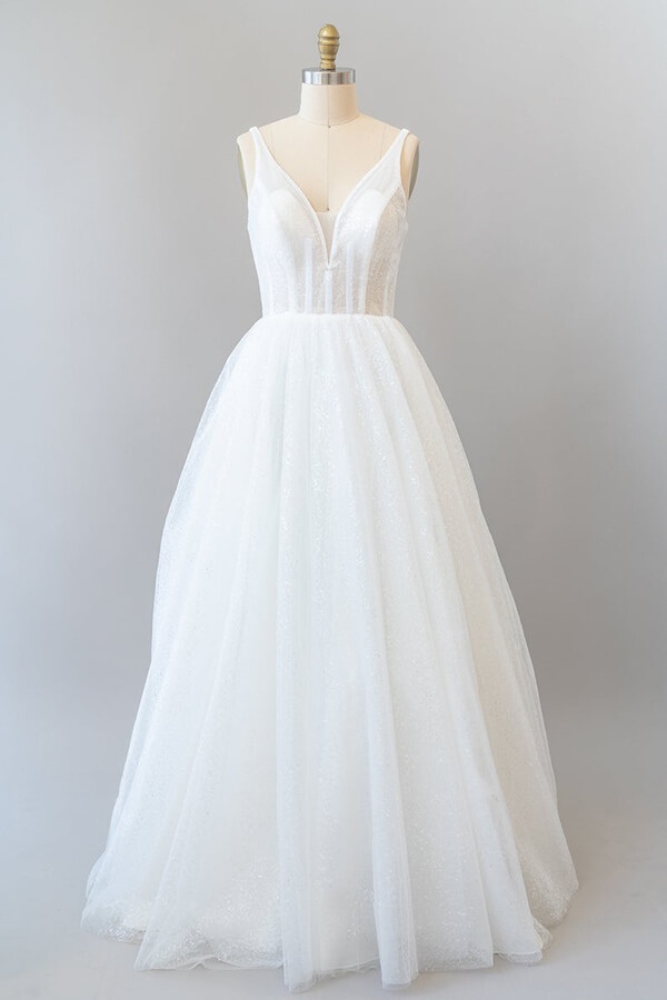Long V-neck Open Back Sequins Tulle A-line Wedding Dress