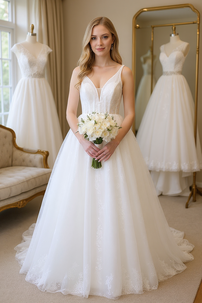 Long V-neck Open Back Sequins Tulle A-line Wedding Dress