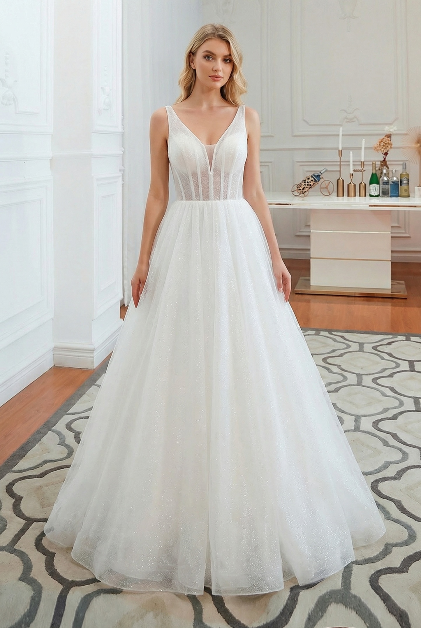 Long V-neck Sequins Tulle A-line Open Back Wedding Dress
