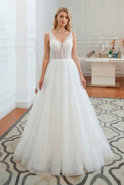 Long V-neck Sequins Tulle A-line Open Back Wedding Dress