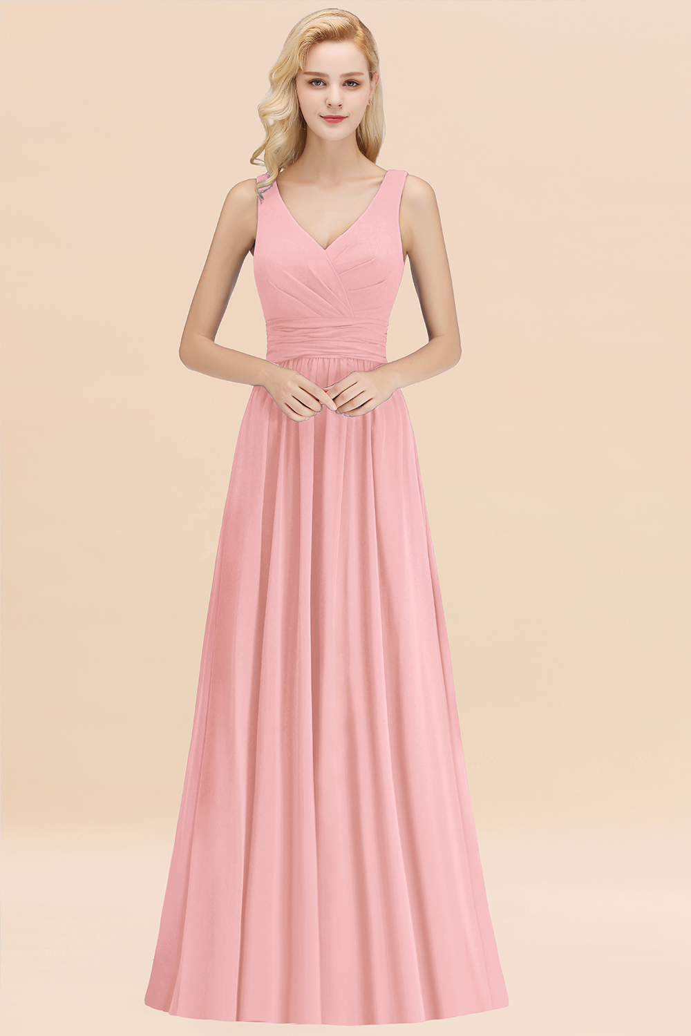 Long V-neck Sleeveless Chiffon A-line Candy Pink Bridesmaid Dress