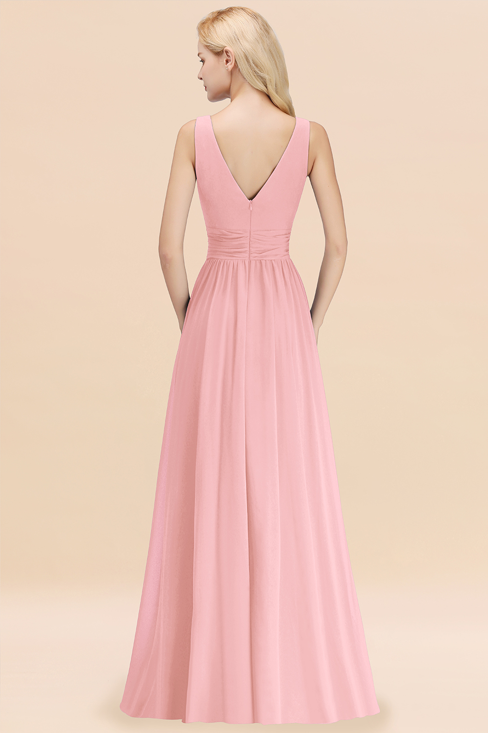 Long V-neck Sleeveless Chiffon A-line Candy Pink Bridesmaid Dress