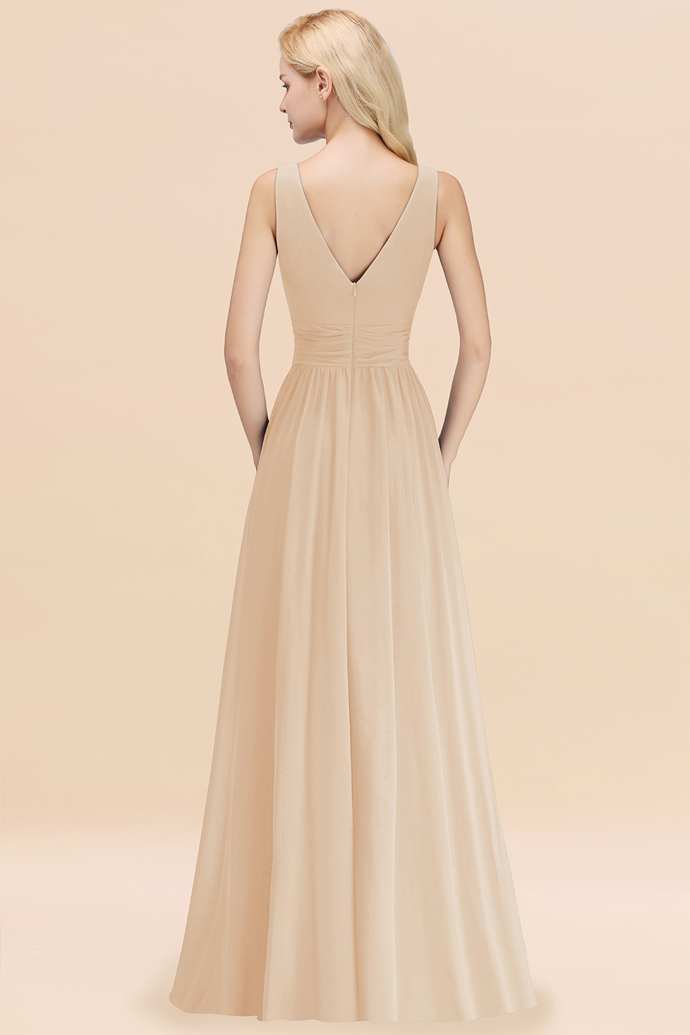 Long V-neck Sleeveless Chiffon A-line Champagne Bridesmaid Dress