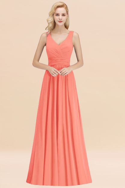 Long V-neck Sleeveless Chiffon A-line Coral Bridesmaid Dress
