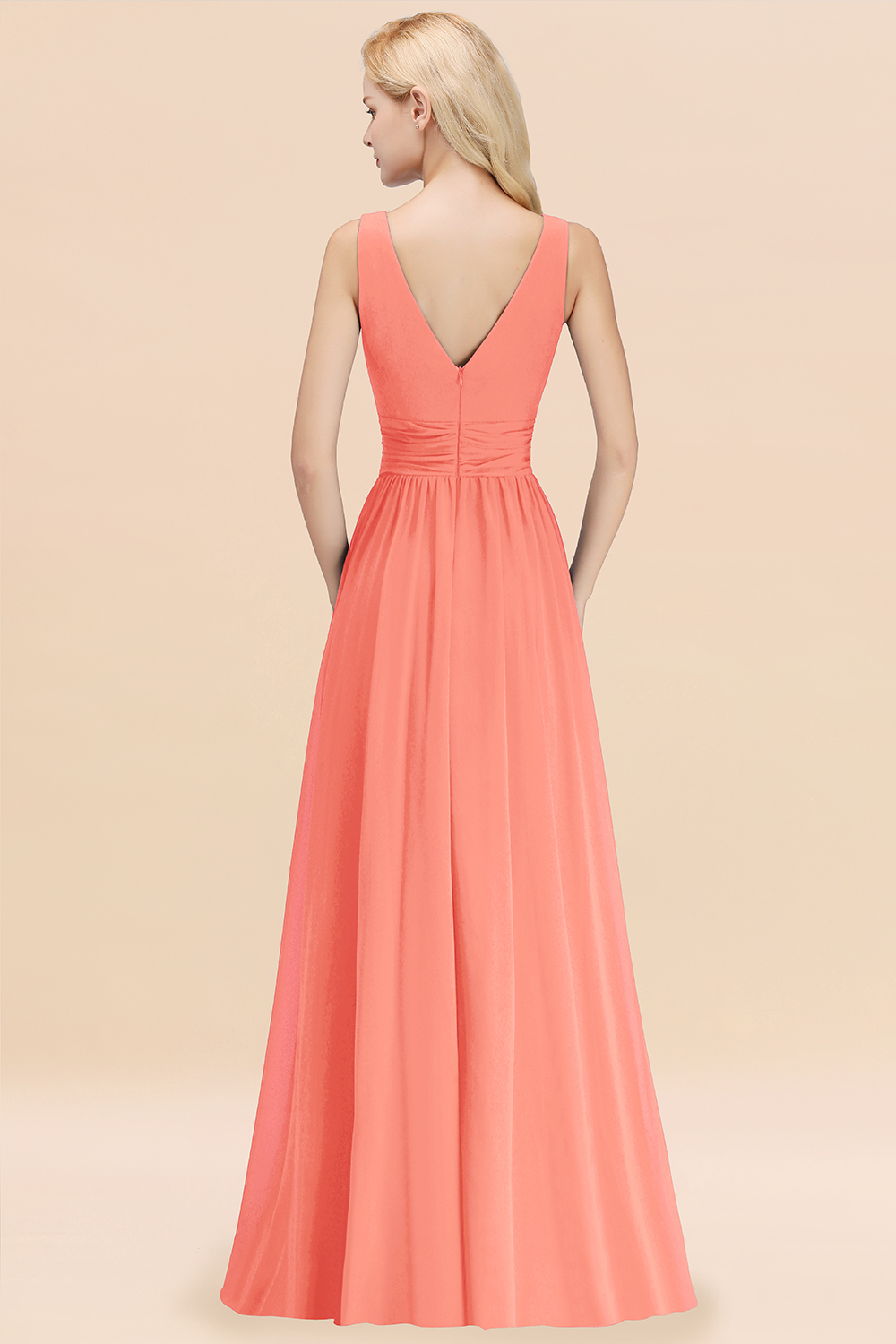 Long V-neck Sleeveless Chiffon A-line Coral Bridesmaid Dress