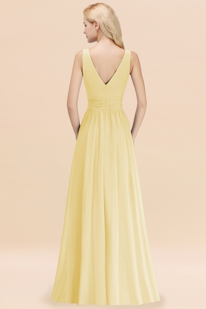 Long V-neck Sleeveless Chiffon A-line Daffodil Bridesmaid Dress