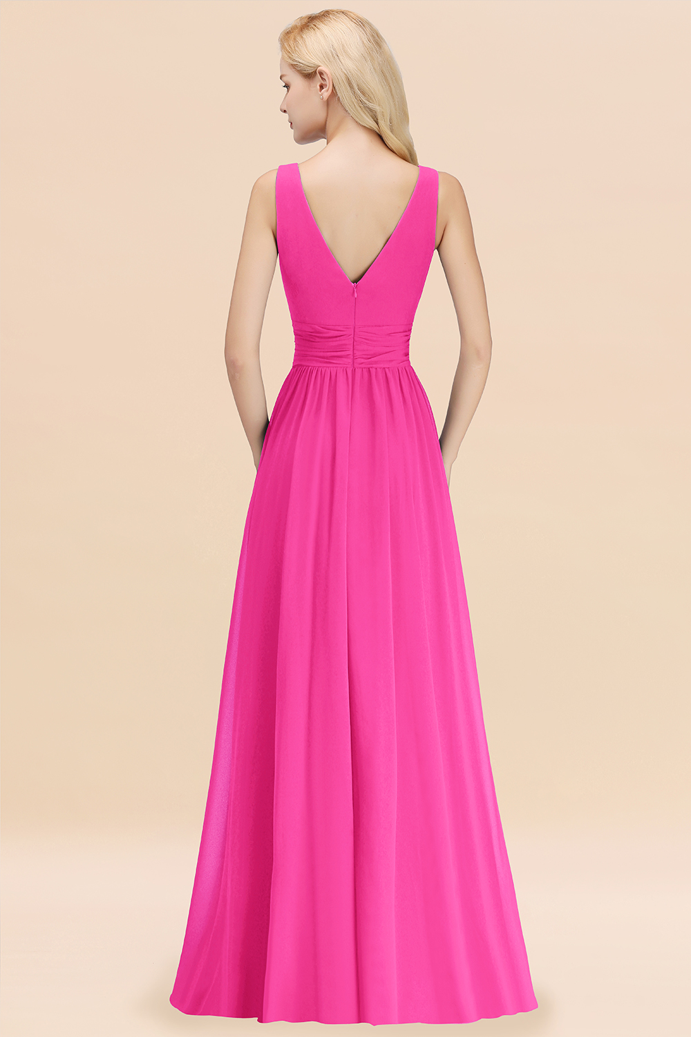 Long V-neck Sleeveless Chiffon A-line Fuchsia Bridesmaid Dress