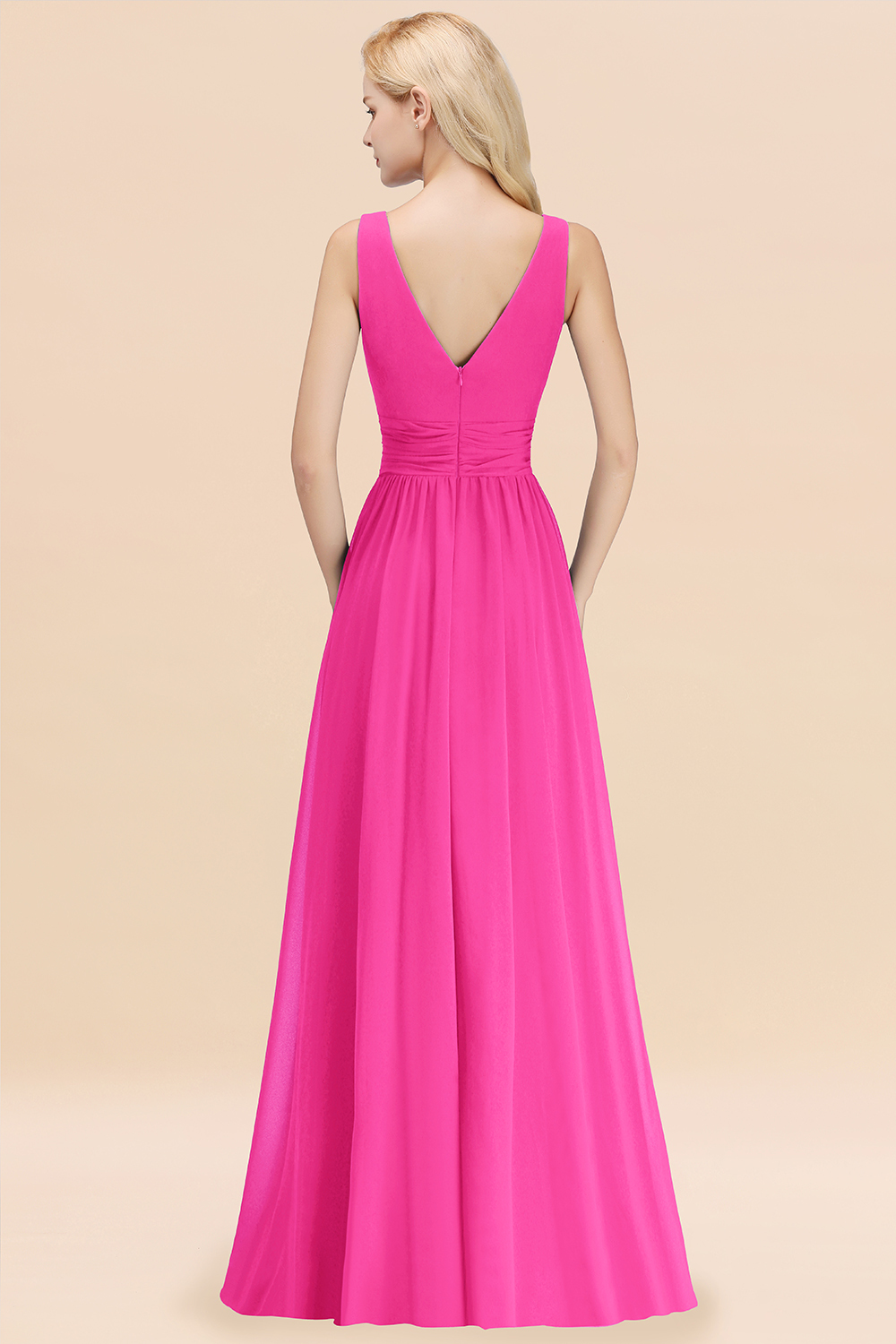 Long V-neck Sleeveless Chiffon A-line Fuchsia Bridesmaid Dress