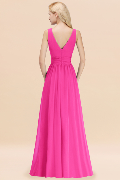 Long V-neck Sleeveless Chiffon A-line Fuchsia Bridesmaid Dress