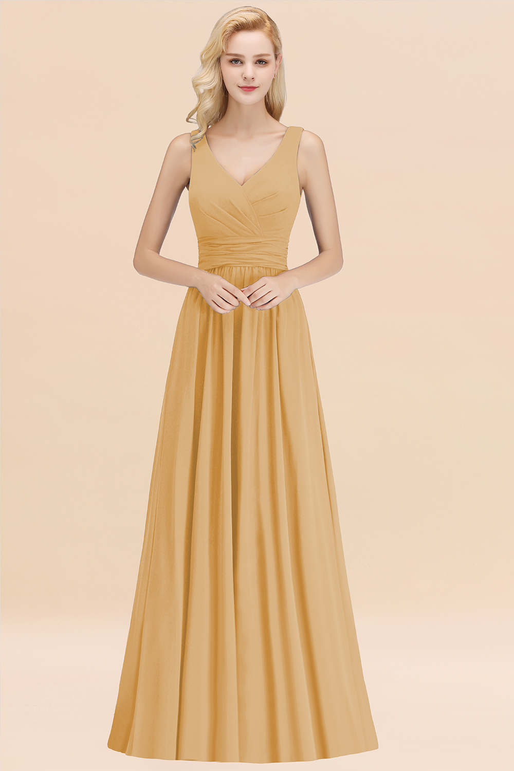 Long V-neck Sleeveless Chiffon A-line Gold Bridesmaid Dress
