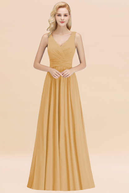 Long V-neck Sleeveless Chiffon A-line Gold Bridesmaid Dress