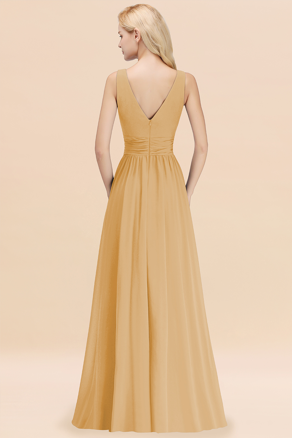Long V-neck Sleeveless Chiffon A-line Gold Bridesmaid Dress