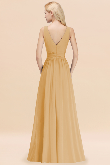 Long V-neck Sleeveless Chiffon A-line Gold Bridesmaid Dress