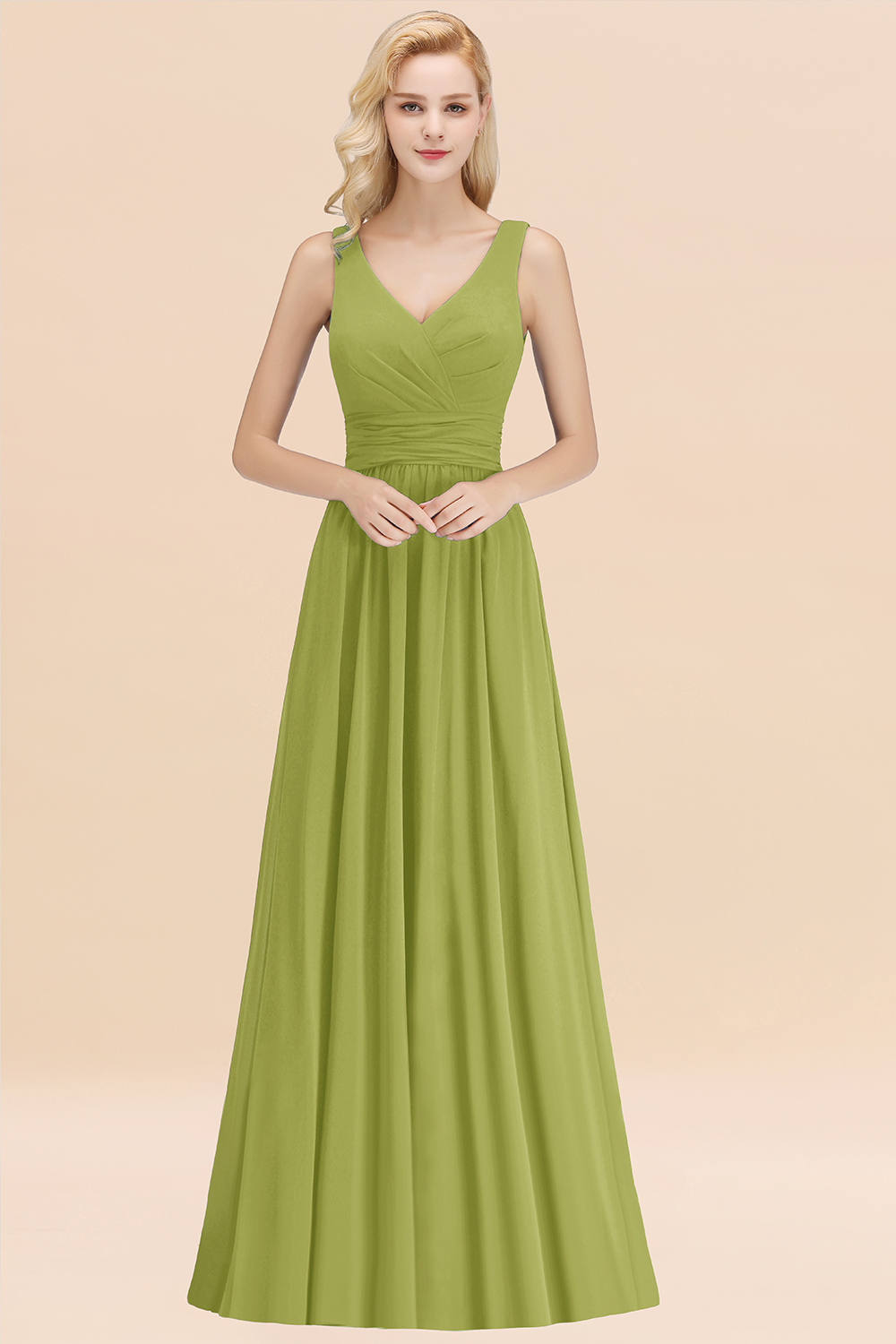 Long V-neck Sleeveless Chiffon A-line Green Bridesmaid Dress