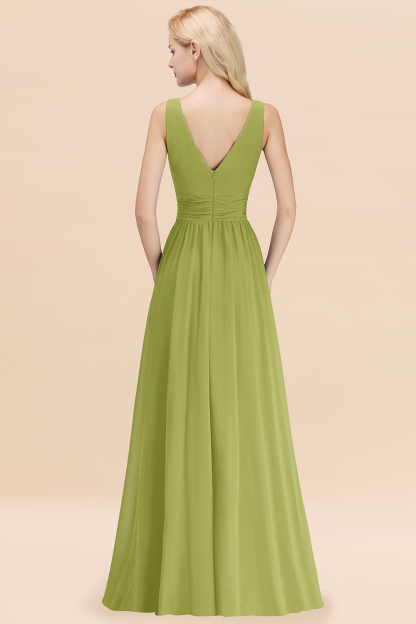 Long V-neck Sleeveless Chiffon A-line Green Bridesmaid Dress