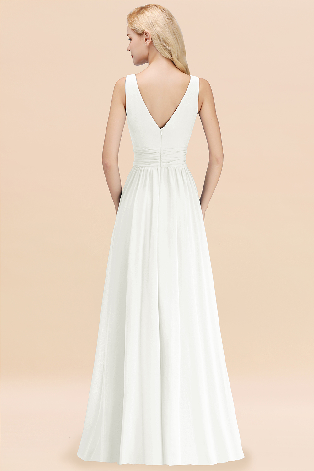Long V-neck Sleeveless Chiffon A-line Ivory Bridesmaid Dress